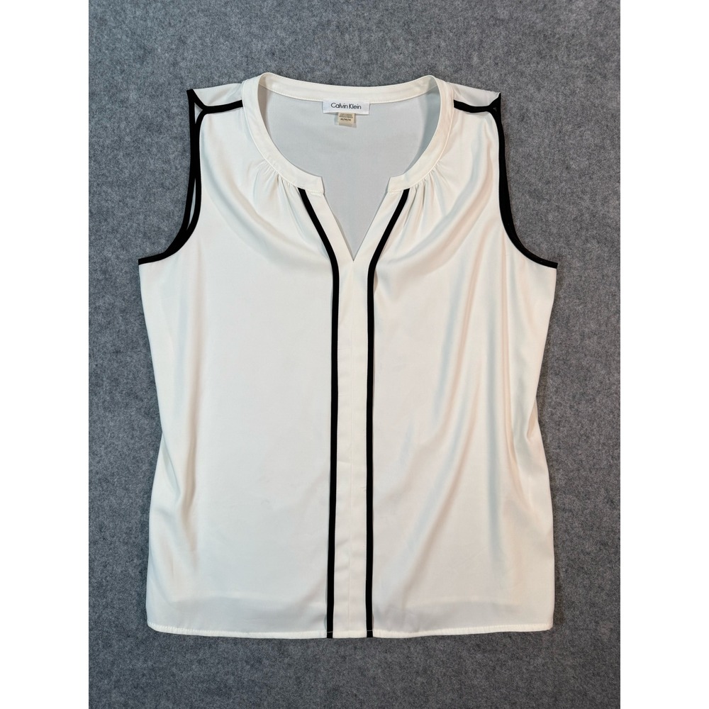Calvin Klein Womens White Sleeveless V-Neck Blouse Black Trim Top Size Medium